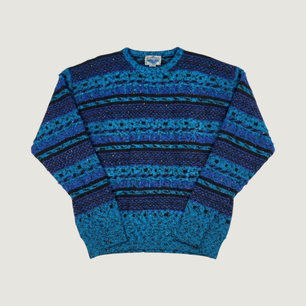 Vintage Etchings Blue Black Striped Confetti Knit Crewneck Sweater Womens Large